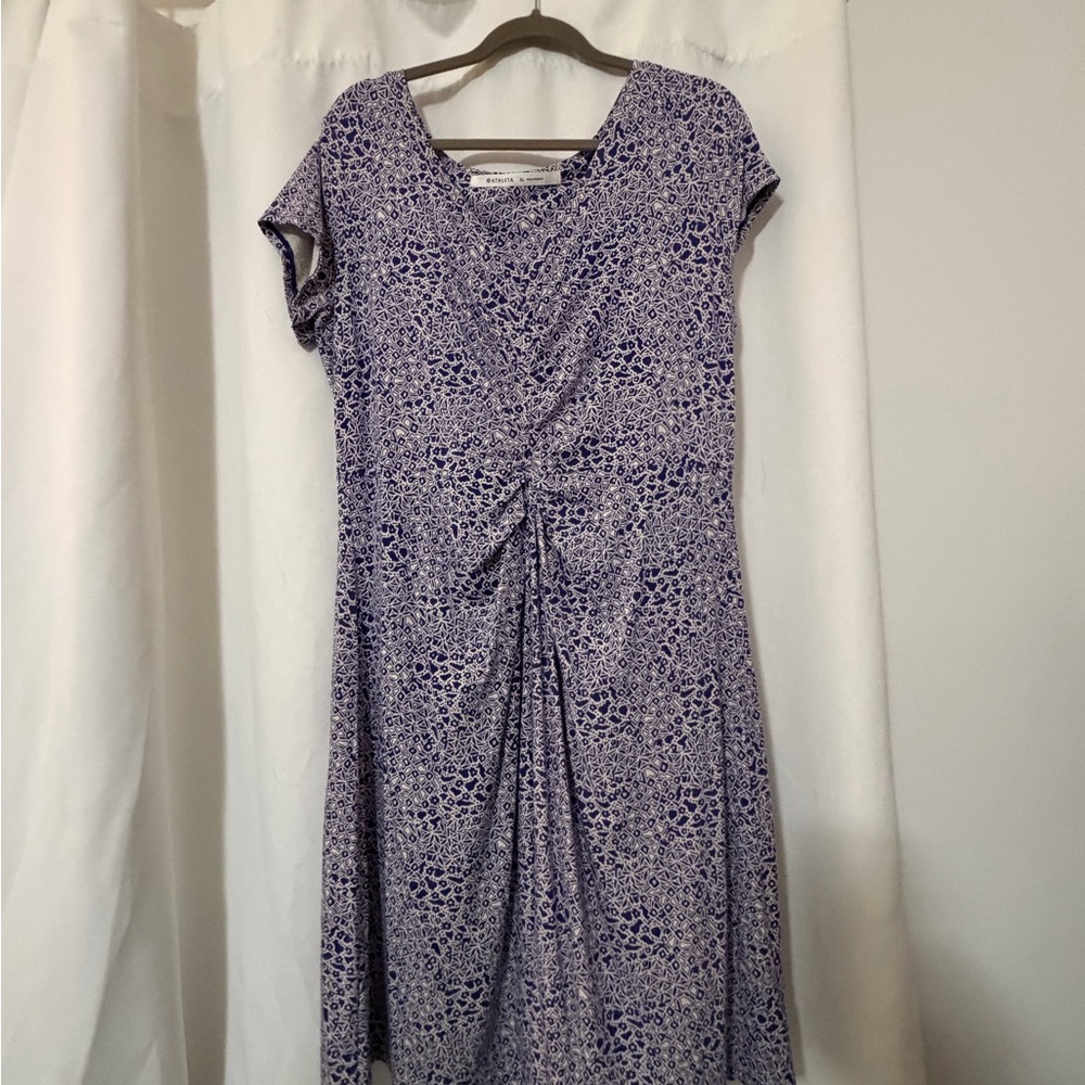 Athleta Blue and white  Floral roushed-Front Midi Dress